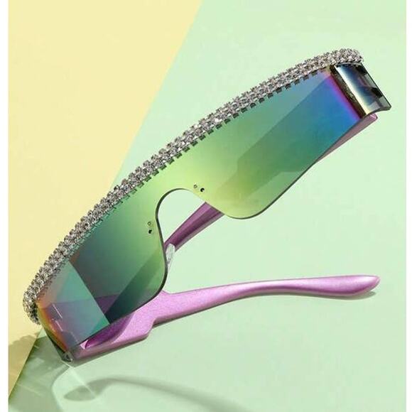 Sunglasses Women Purple Diamond Rimless Futuristic Shield Frameless bling - Picture 3 of 7